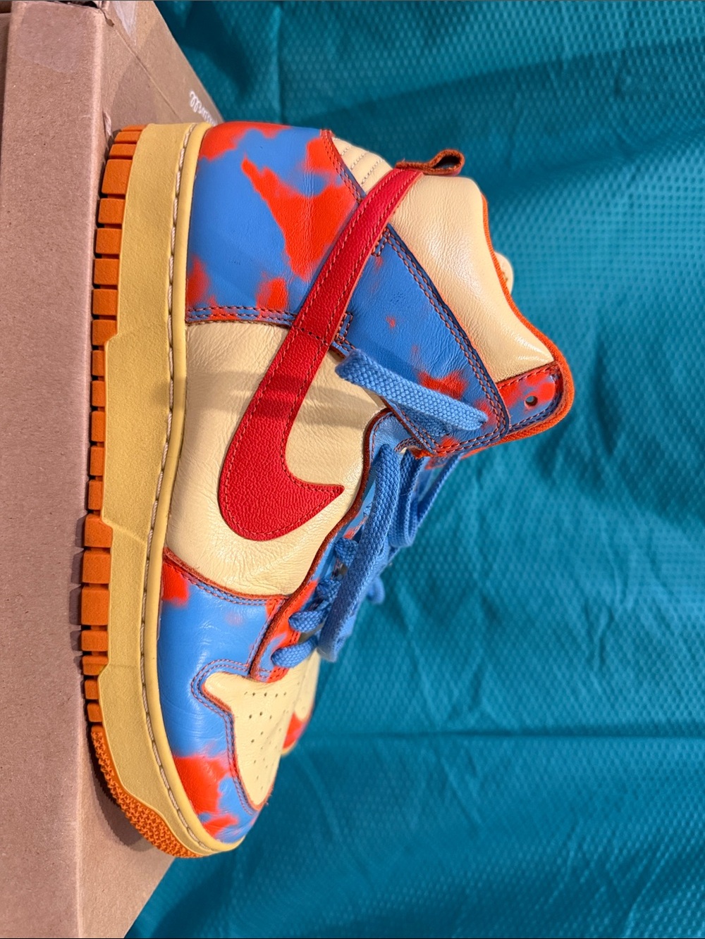 Nike Dunk High - Cream, Blue & Orange with Red Swoosh